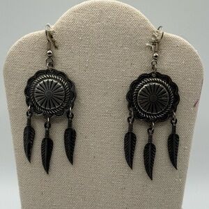 Southwestern Silver Concho Feather Dangle Earrings